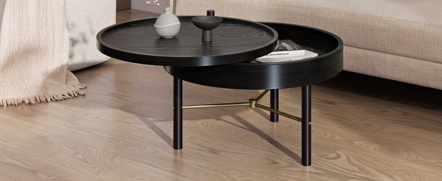 Modern Round Wood Rotating Tray Coffee Table with Storage & Metal Legs in Black