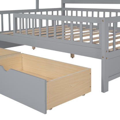 Wooden Full Size House Bed with 2 Drawers,Kids Bed with Storage Shelf, Gray