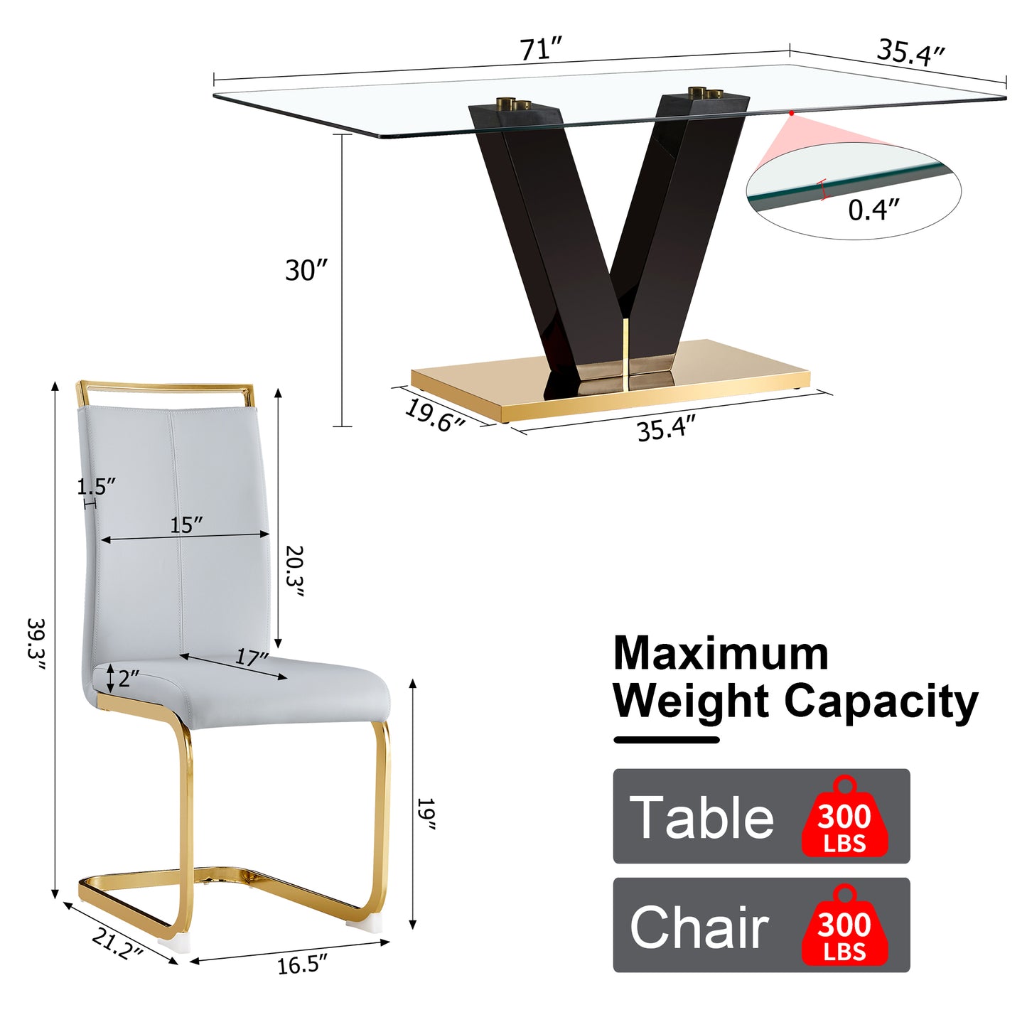 Table and chair set.Subtle Luxury Clear Tempered Glass Dining Set - 71"x35.4" with 6 Light Gray PU Chairs.C-tube Gold Metal Chair Legs.Bring a comfortable home experience to the kitchen, bedroom.