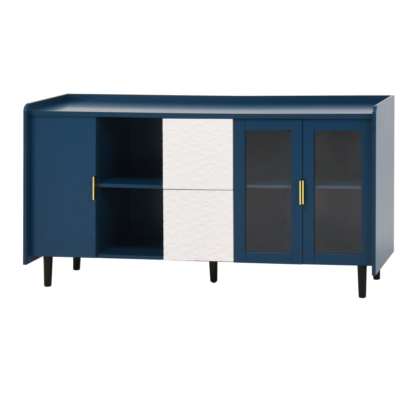 Modern Kitchen Pantry Storage Cabinet , 55" Coffee Bar Storage Cabinet with 2 Drawers, 2 Open Storage Compartment & 2 Glass Doors, Wood Buffet Table for Kitchen, Living Room, Blue