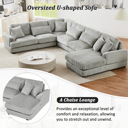 129" Oversized Sectional Sofa U-shaped Sofa Couch Modern Sofa Upholstered in Soft Corduroy with a Chaise Lounge for Living Room, Grey