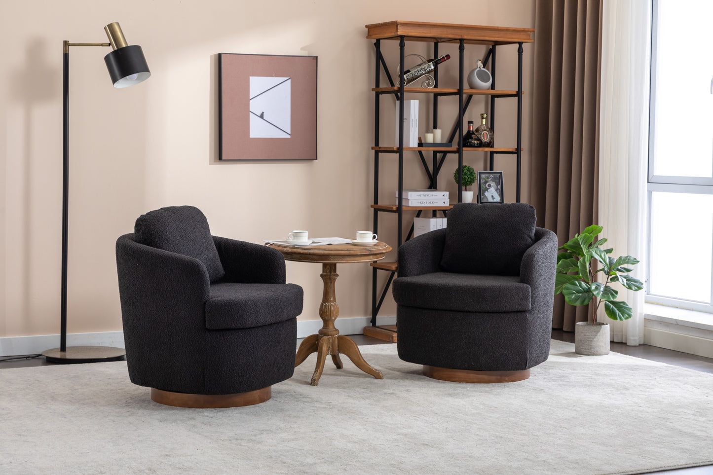 035-Boucle Fabric Swivel Accent Chair With Soild Wood Round Brown Base Leg,Black