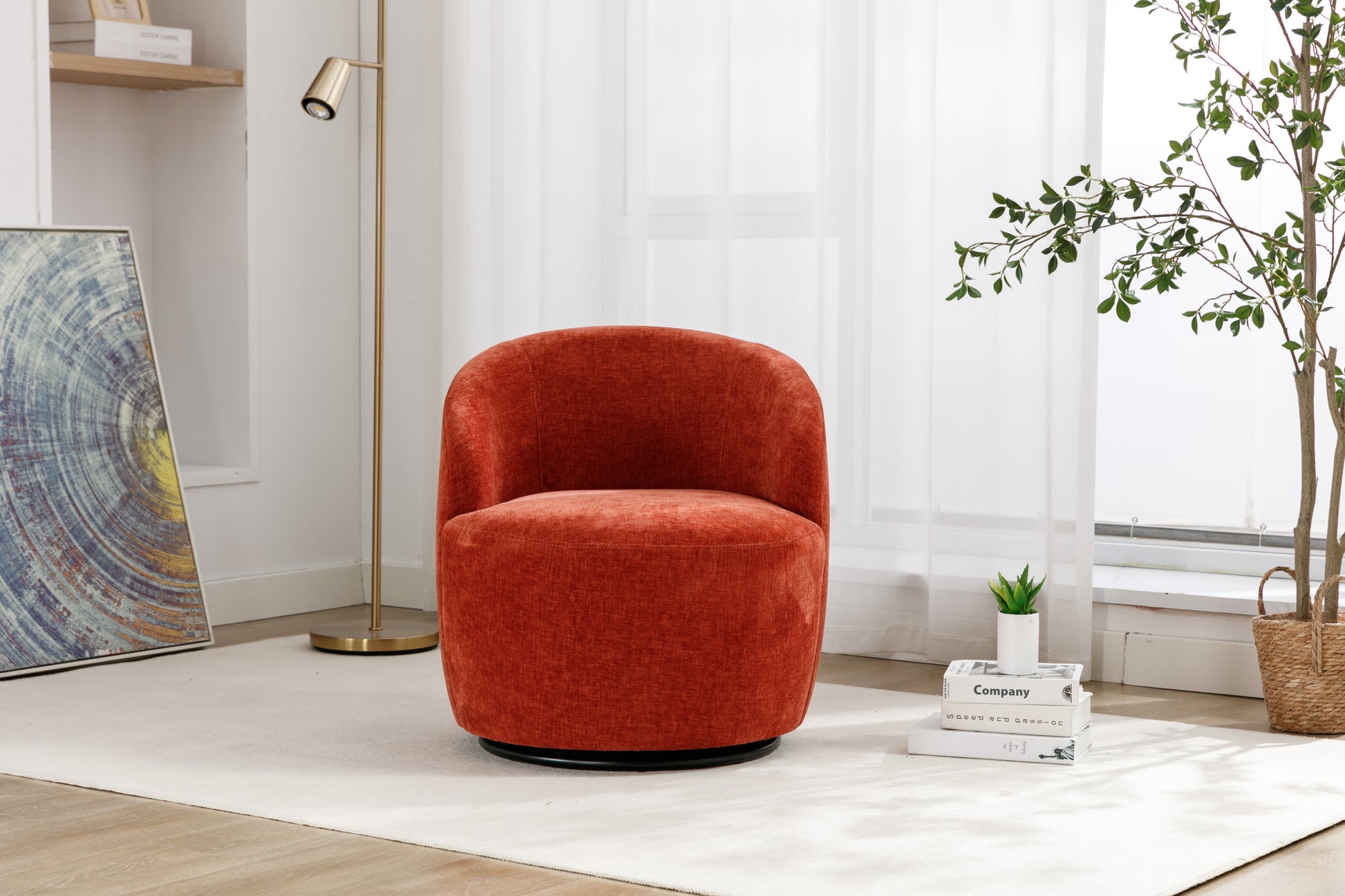 Chenille Fabric Swivel Accent Armchair Barrel Chair With Black Powder Coating Metal Ring,Orange