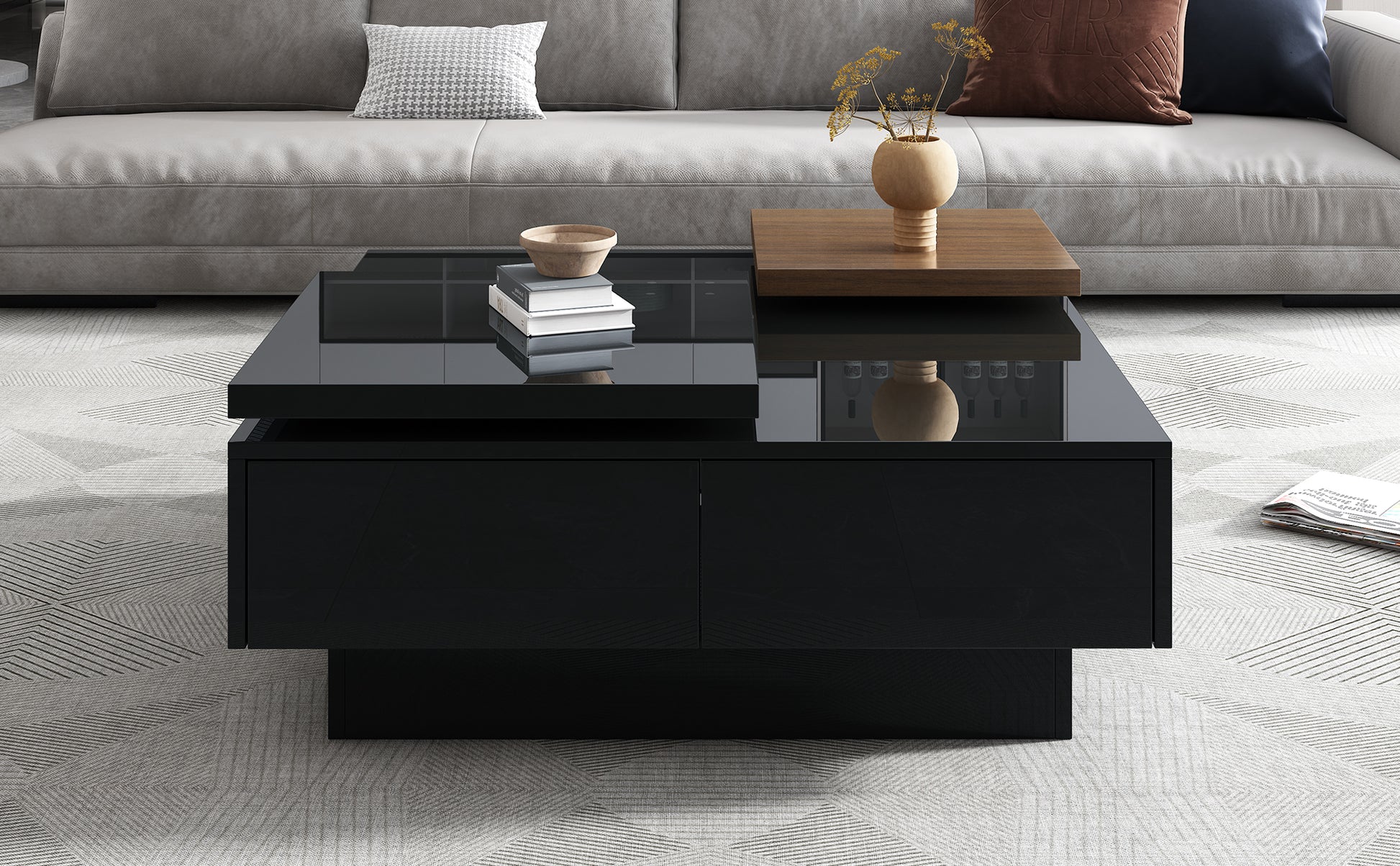 U-Can Movable Top Coffee Table, Modern Square Wood Coffee Table with High Gloss finish, 4 Hidden Storage Drawers for Living Room