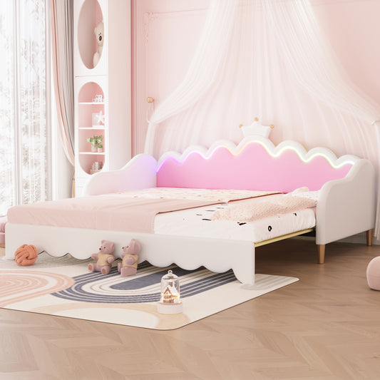 Twin Extending Daybed with LED Lights, Modern Upholstered Princess Daybed With Crown Headboard,White