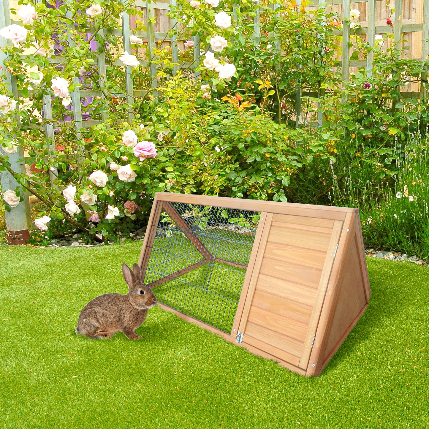 PawHut 46" x 24" Wooden A-Frame Outdoor Rabbit Cage Small Animal Hutch with Outside Run & Ventilating Wire, Yellow