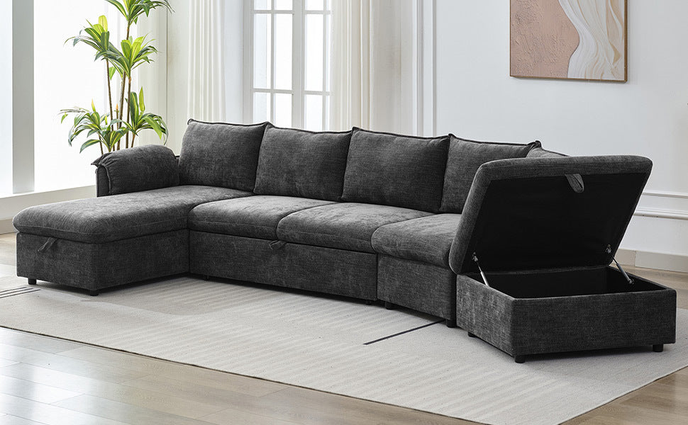 146.9" L-shaped Sofa Sectional Sofa Couch Pull-out Sofa Bed with a Movable Storage Ottoman, a Storage Chaise Lounge and Two USB Ports for Living Room, Grey