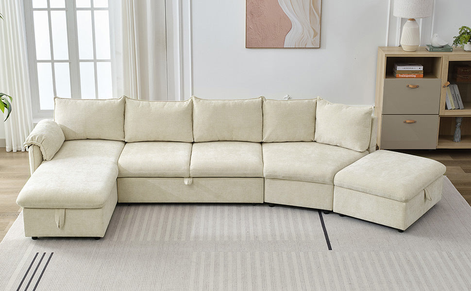 146.9" L-shaped Sofa Sectional Sofa Couch Pull-out Sofa Bed with a Movable Storage Ottoman, a Storage Chaise Lounge and Two USB Ports for Living Room, Beige