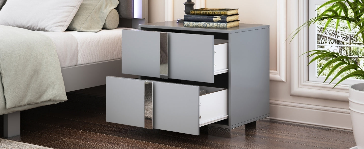 Elegant Nightstand with Metal Handle,Mirrored Bedside Table with 2 Drawers for Bedroom,Living Room,Grey