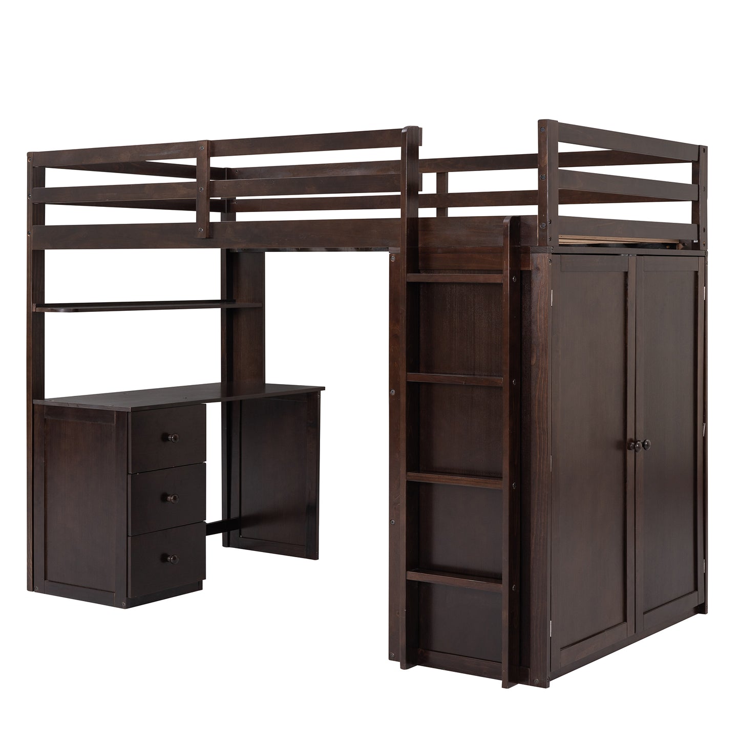 Twin size Loft Bed with Drawers,Desk,and Wardrobe-Espresso