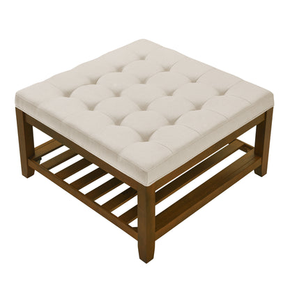 Upholstered Coffee Table Tufted Linen Large Square Ottoman with Beech Wood Shelf and Frame, Oversized Footrest Ottoman for Living Room,Office,Bedroom,Outdoor  IVORY