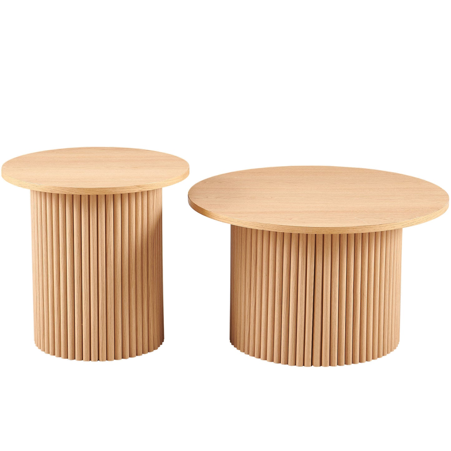 Oak Wood Veneer Tabletop Set of 2 Round Coffee Tables, Farmhouse Circle Coffee Table MDF Table-top with Metal Base, Sofa Side Table for Living Room, Reception Room