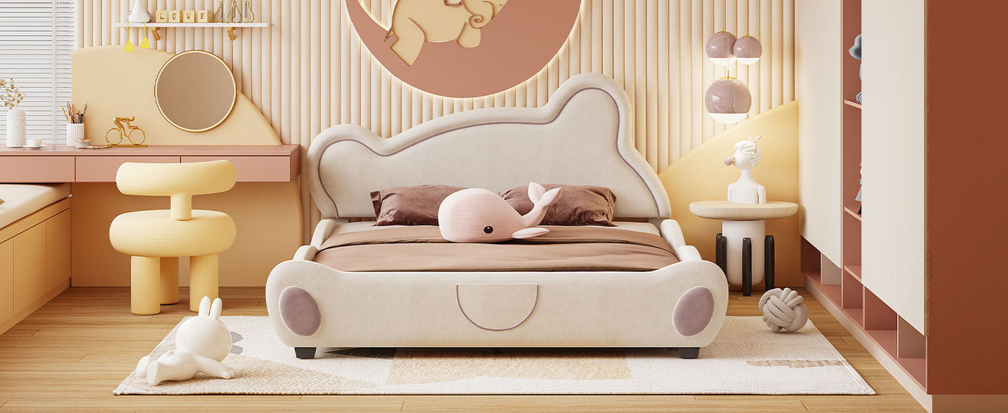 Queen Size Velvet Platform Bed with Bear-Shaped Headboard, with Drawers, with Bed-End Storage Pocket, Beige