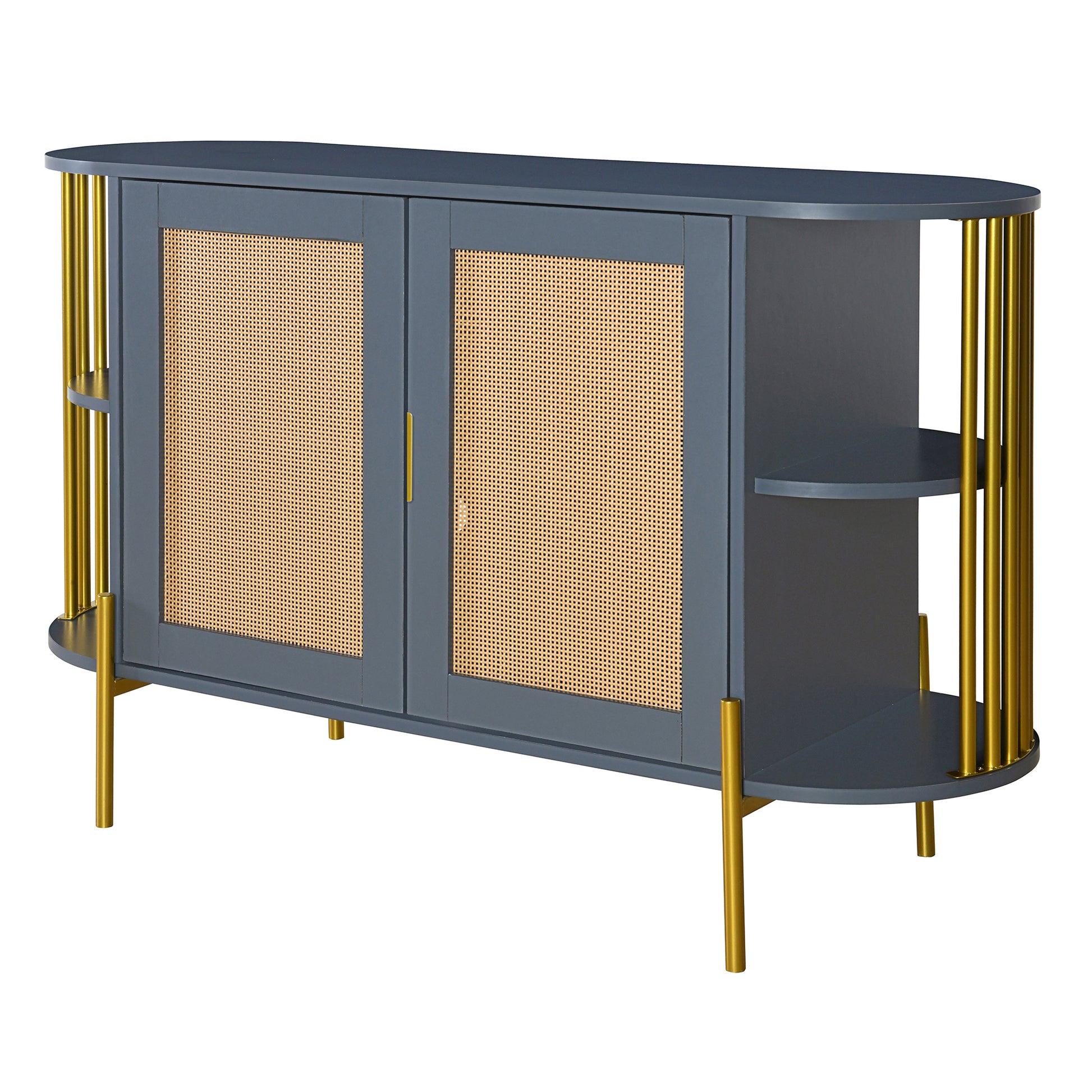 TREXM 2-Door Elegant Curved Dining Cabinet with Gold Trim and Woven Rattan Doors for Dining Room (Dark Gray)