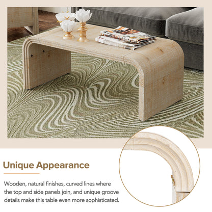 TREXM Minimalist Coffee Table with Curved Art Deco Design for Living Room or Dining Room(Natural Wood Wash)