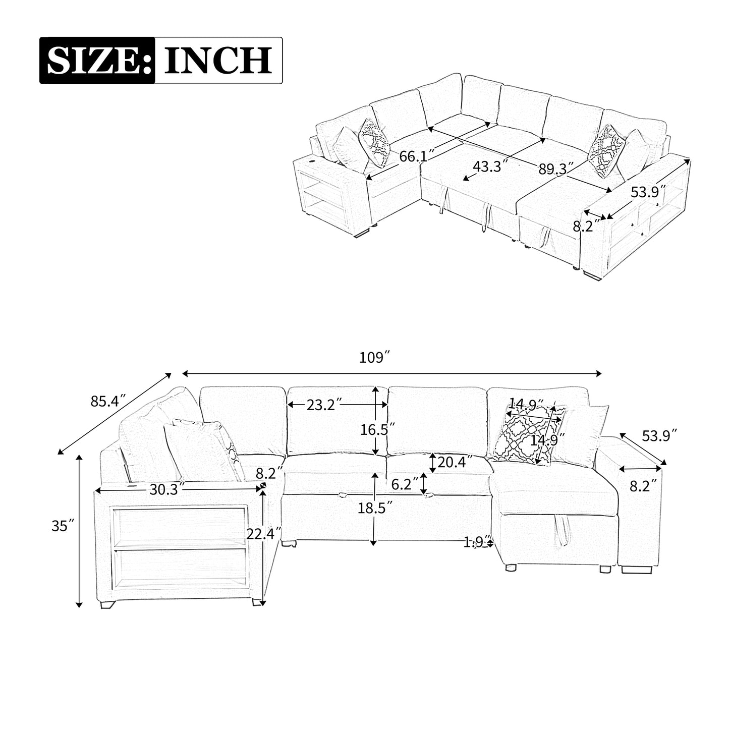 109" U-shaped Sectional Sofa Pull-out Sofa Bed with Two USB Ports, a Storage Chaise Lounge and Four Back Pillows for Living Room, Beige