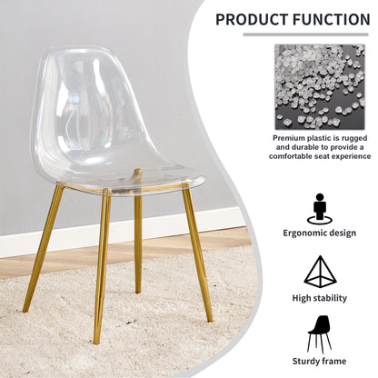 Table and chair set.Modern Luxurious Round Tempered Glass Dining Table Set-40*40 inch with 6 Transparent Plastic Dining Chair with Gold Metal Legs.Bring a comfortable home experience to the kitchen.