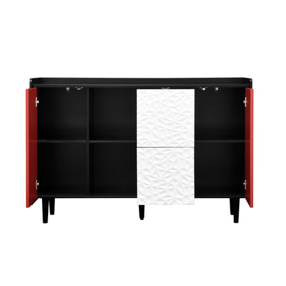 Sideboard Buffet Cabinet, Black Storage Cabinet with Red Doors , 2 Drawers with unique panel styling and 2 Open Storage Compartment, Modern Coffee Bar Cabinet Accent Cabinet for Kitchen, Dining Room,