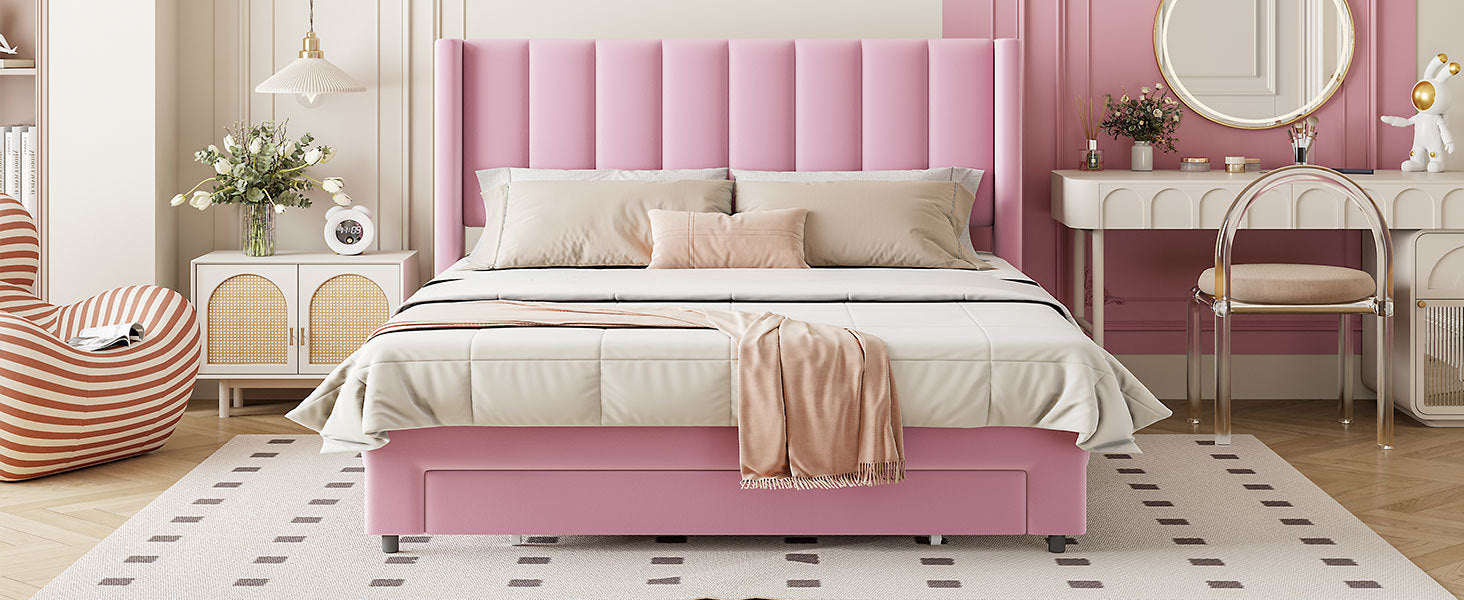 Full Size Storage Bed Velvet Upholstered Platform Bed with a Big Drawer - Pink(old sku:WF296850AAH)