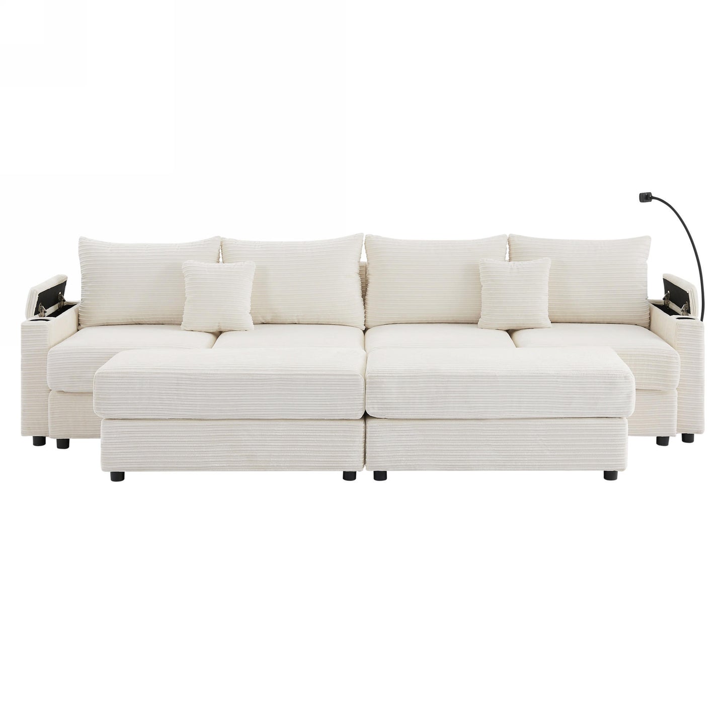 123.2" Modern Style 4-seater Sofa Sectional Sofa Couch with Storage Space, Two Movable Ottomans, Two USB Ports, Two Cup Holders, A Phone Holder for Living Room, Beige