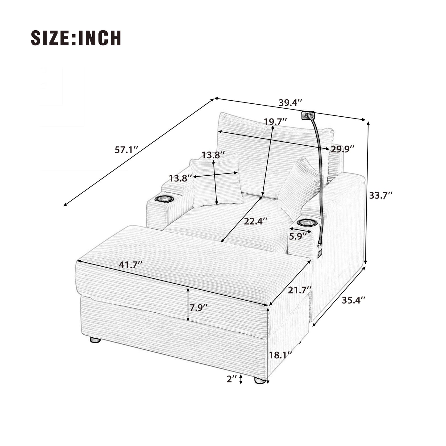 41.7" Modern Style Single Sofa Sofa Couch with Storage Space, A Movable Ottoman, Two USB Ports, Two Cup Holders, A Phone Holder for Living Room, Grey