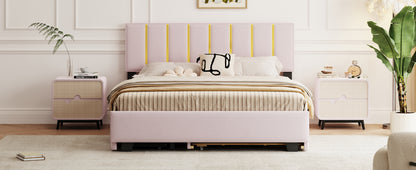 Queen Size Upholstered Platform Bed with 2 Drawers and 1  Trundle, Classic Metal Strip Headboard Design, Pink