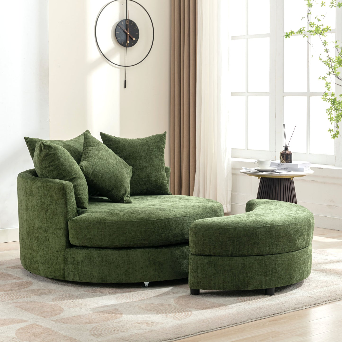 Orisfur. 360° Swivel Accent Barrel Chair with Storage Ottoman & 4 Pillows, Modern Chenille Leisure Chair Round Accent for Living Room, Green