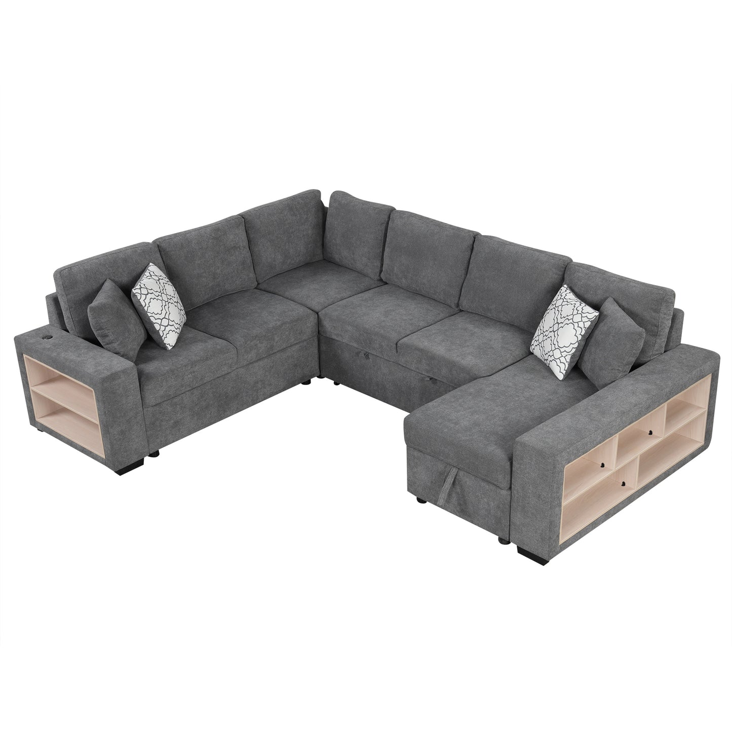 109" U-shaped Sectional Sofa Pull-out Sofa Bed with Two USB Ports, a Storage Chaise Lounge and Four Back Pillows for Living Room, Grey