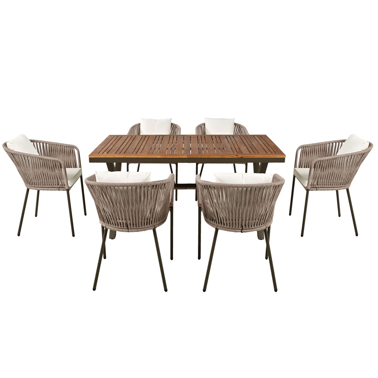 GO 7 Pieces Patio Dining Set, All-Weather Outdoor Furniture Set with Dining Table and Chairs, Acacia Wood Tabletop, Metal Frame, for for Garden, Backyard, Balcony, Beige