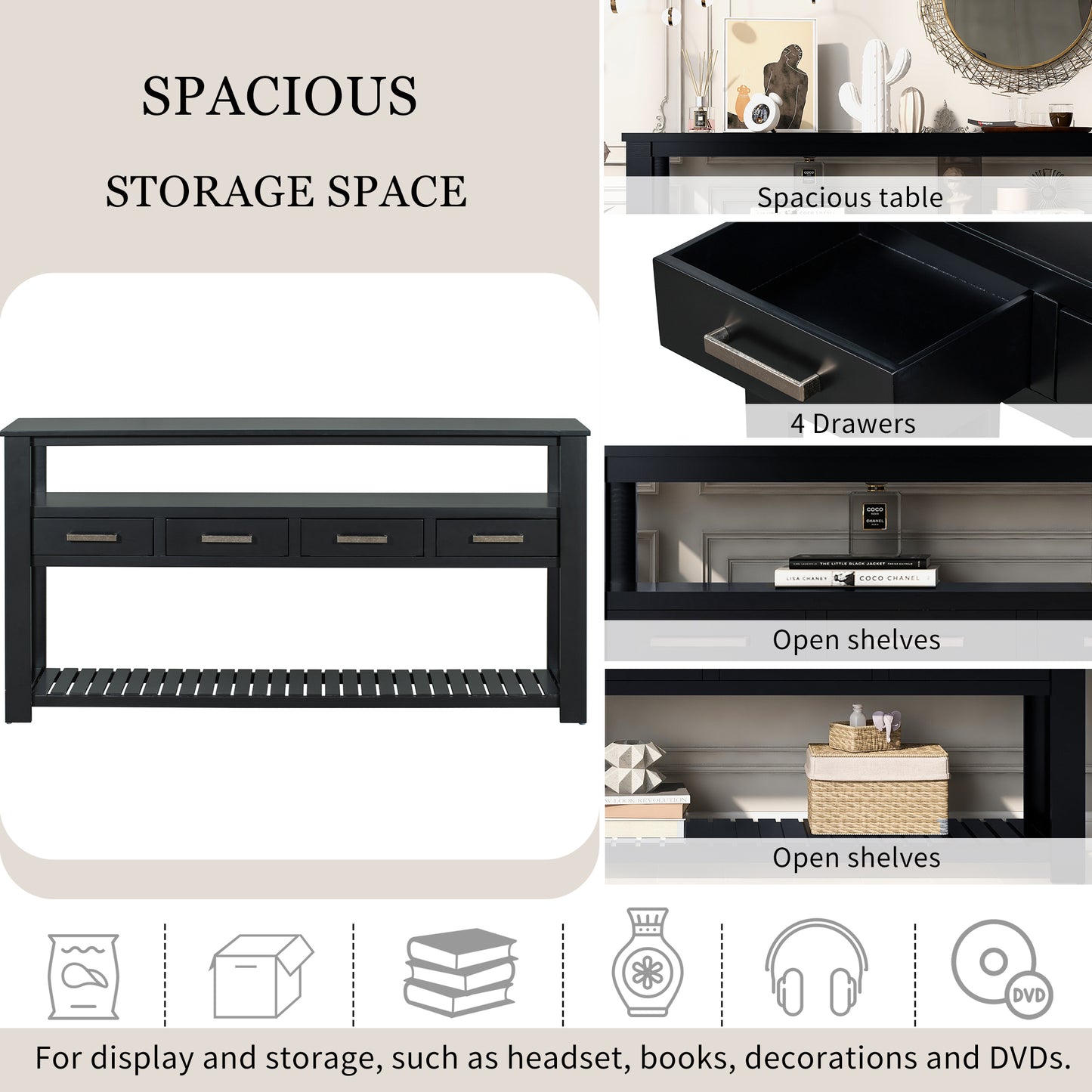 U_STYLE 62.2'' Modern Console Table Sofa Table for Living Room with 4 Drawers and 2 Shelves