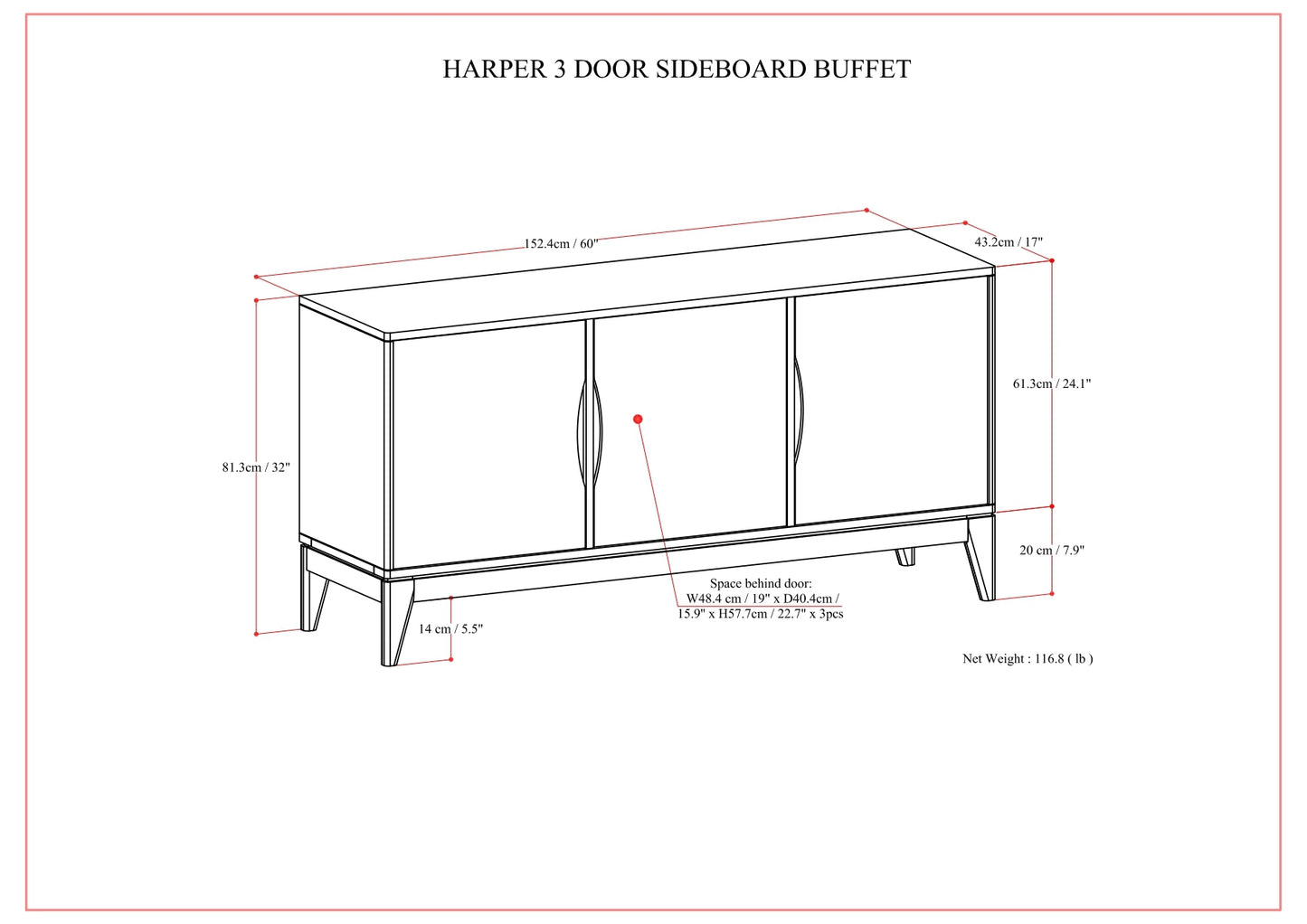 Harper 3 Door Sideboard Buffet / Storage Cabinet