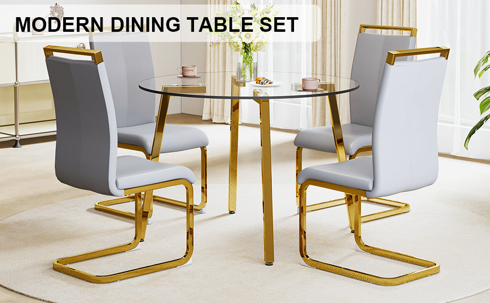 Table and chair set.Modern Luxurious Round Tempered Glass Dining Table Set-40*40 inch with 4 Light Gray PU Chairs.C-tube Gold Metal Chair Legs.Bring a comfortable home experience to the kitchen.