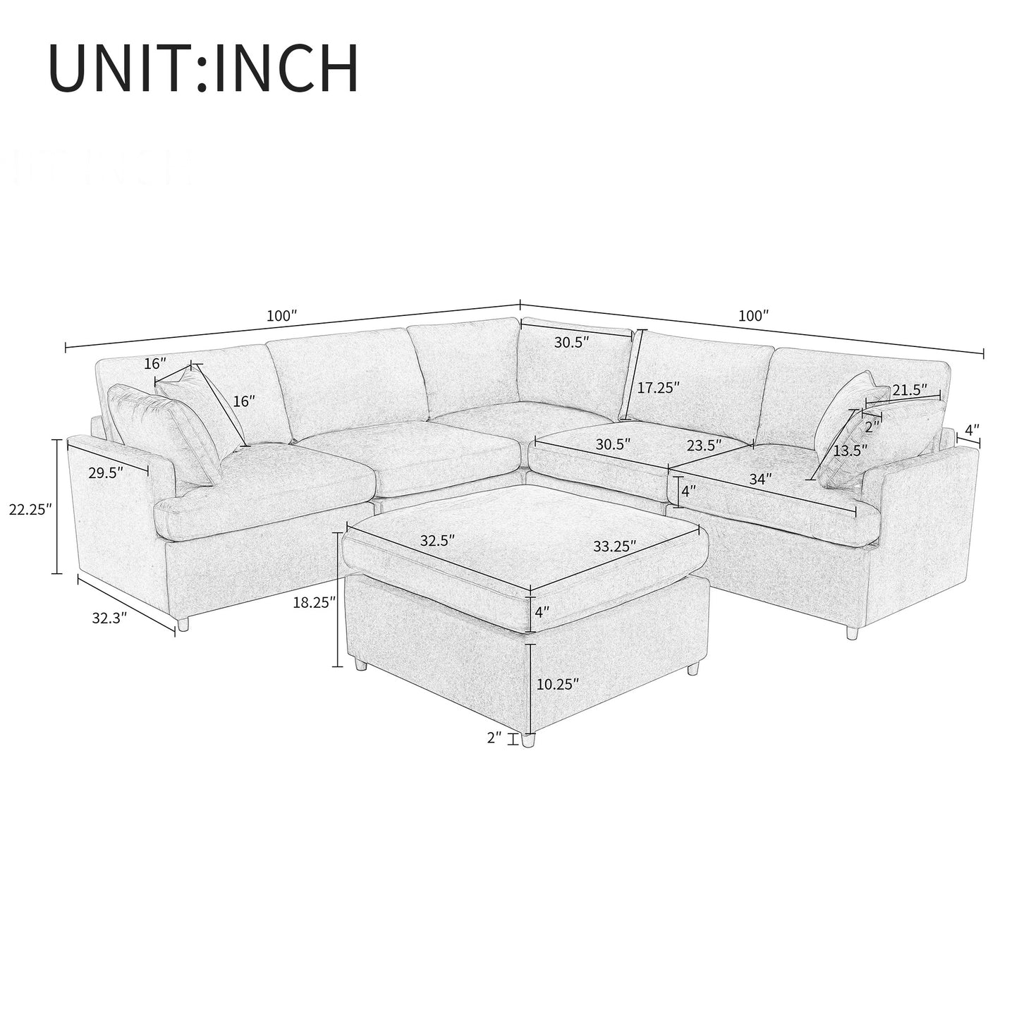 [ Video Provided]U_STYLE Upholstered Sectional Sofa with Removable Ottoman,U-Shape 6 Seat Sectional Couch,  for Living Room,,Apartment, Spacious Space