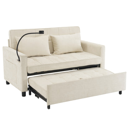 56.9" Loveseat Sofa Pull-out Sofa Bed Sleeper Sofa with a Reversible Backrest Cushion, Side Pockets, Two USB Ports and a Phone Holder for Living Room, Beige