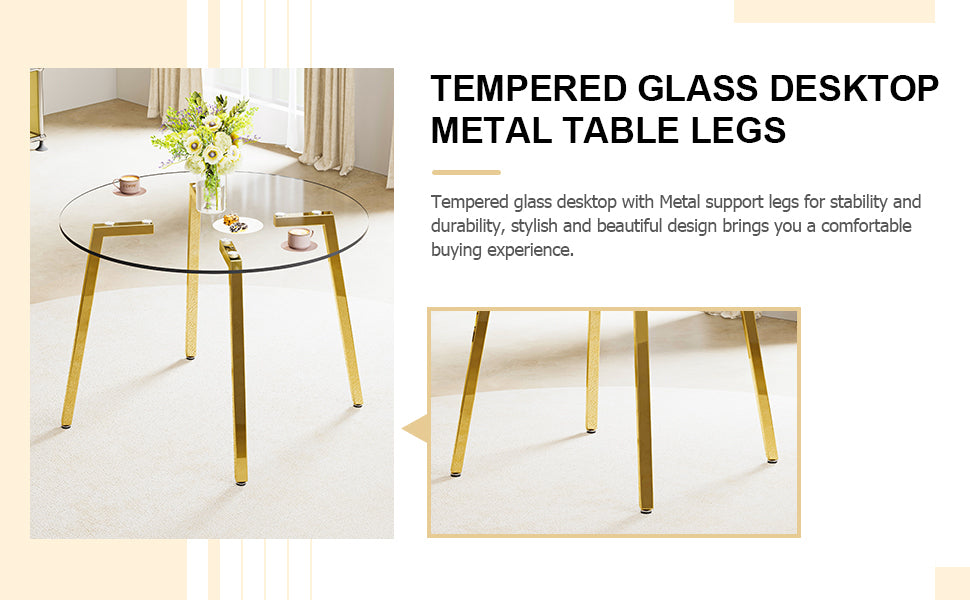 Table and chair set.Modern Luxurious Round Tempered Glass Dining Table Set-40*40 inch with 4 Light Gray PU Chairs.C-tube Gold Metal Chair Legs.Bring a comfortable home experience to the kitchen.