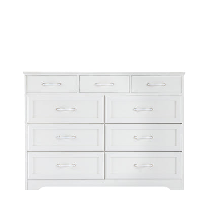 Bedroom dresser, 9 drawer long dresser with antique handles, wood chest of drawers for kids room, living room, entry and hallway, White, 47.56''W x 15.75''D x 34.45''H.