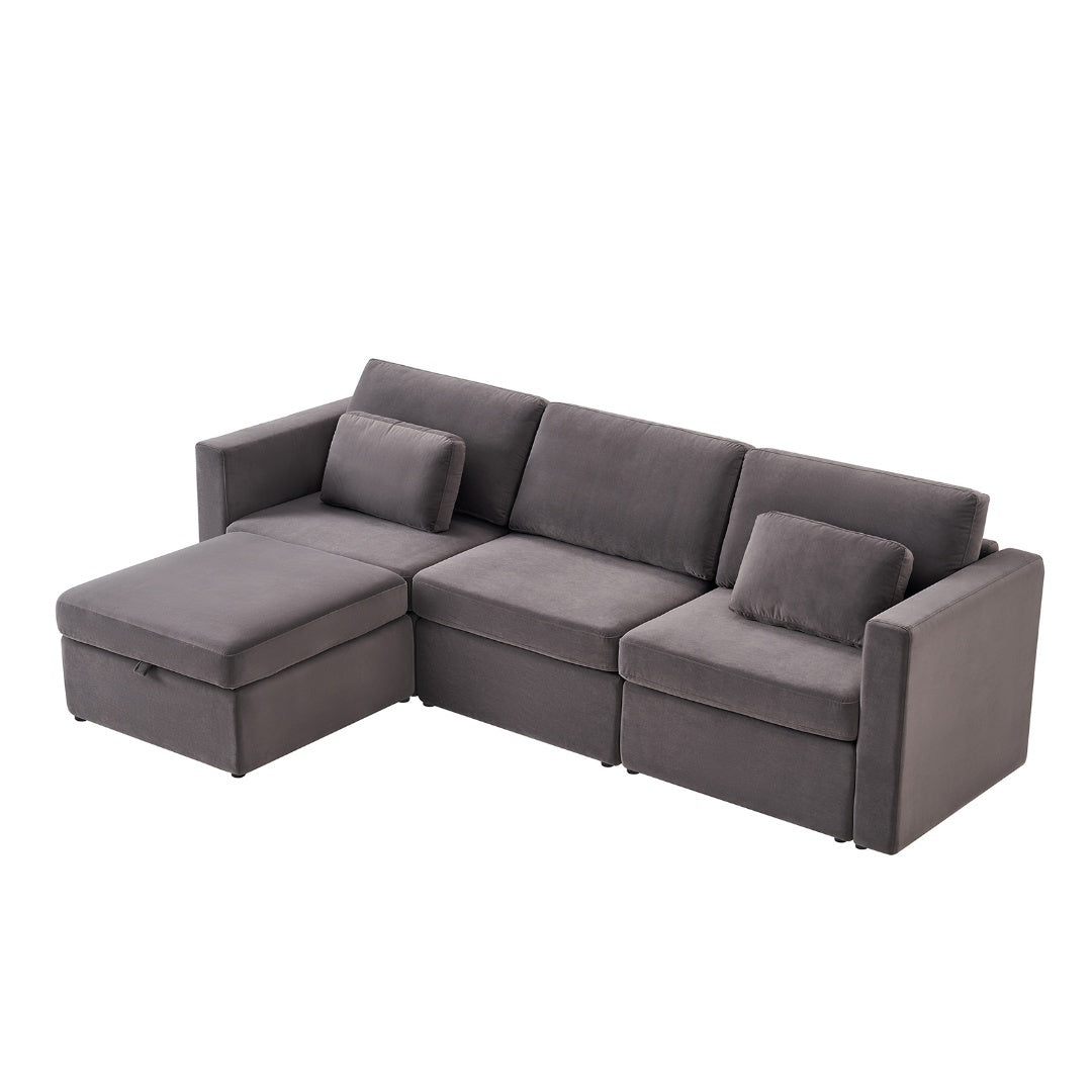 Modern Velvet Modular Sectional Sofa, L Shape Convertible Sofa Set with Pillows, Oversized Sectional Couches with Storage Ottomans for Living Room, Loft, Apartment, Office - Dark Gray 4 Seats