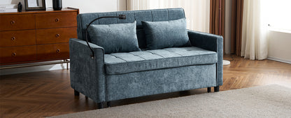 56.9" Loveseat Sofa Pull-out Sofa Bed Sleeper Sofa with a Reversible Backrest Cushion, Side Pockets, Two USB Ports and a Phone Holder for Living Room, Blue