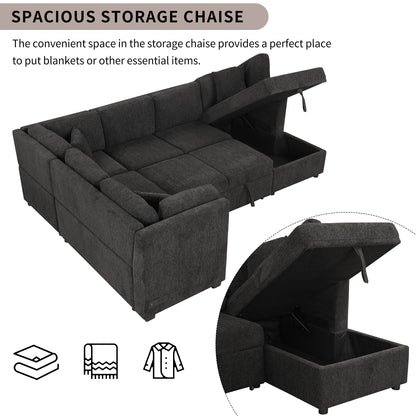 108.6" U-shaped Sectional Sofa Pull out Sofa Bed with Two USB Ports, Two Power Sockets, Three Back Pillows and a Storage Chaise for Living Room, Black