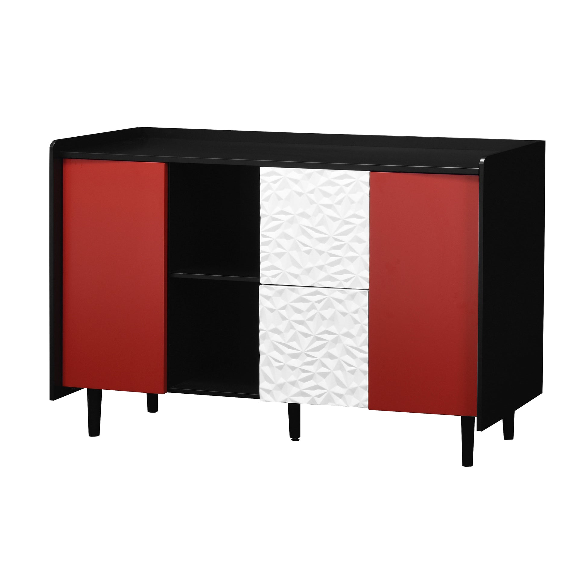 Sideboard Buffet Cabinet, Black Storage Cabinet with Red Doors , 2 Drawers with unique panel styling and 2 Open Storage Compartment, Modern Coffee Bar Cabinet Accent Cabinet for Kitchen, Dining Room,