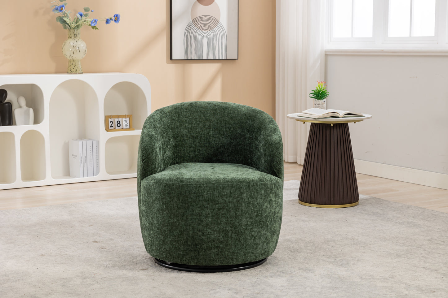 037-Chenille Fabric Swivel Accent Armchair Barrel Chair With Black Powder Coating Metal Ring,Green