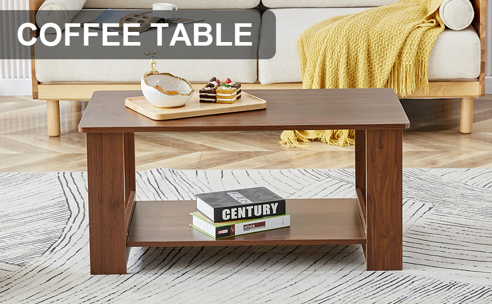 Modern minimalist walnut colored double layered rectangular coffee table ,tea table.MDF material is more durable,Suitable for living room, bedroom, and study room.19.6"*35.4"*16.5"  CT-16