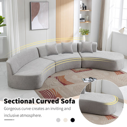 136.6" Stylish Curved sofa Sectional Sofa Chenille Fabric Sofa Couch with Three Throw Pillows for Living Room, Grey