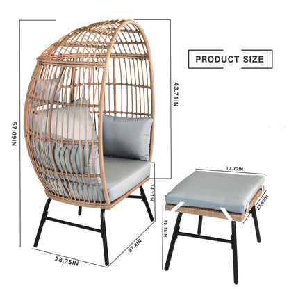 Outdoor Garden Wicker Egg Chair And Footstool Patio Chaise, With Cushions, Outdoor Indoor Basket Chair