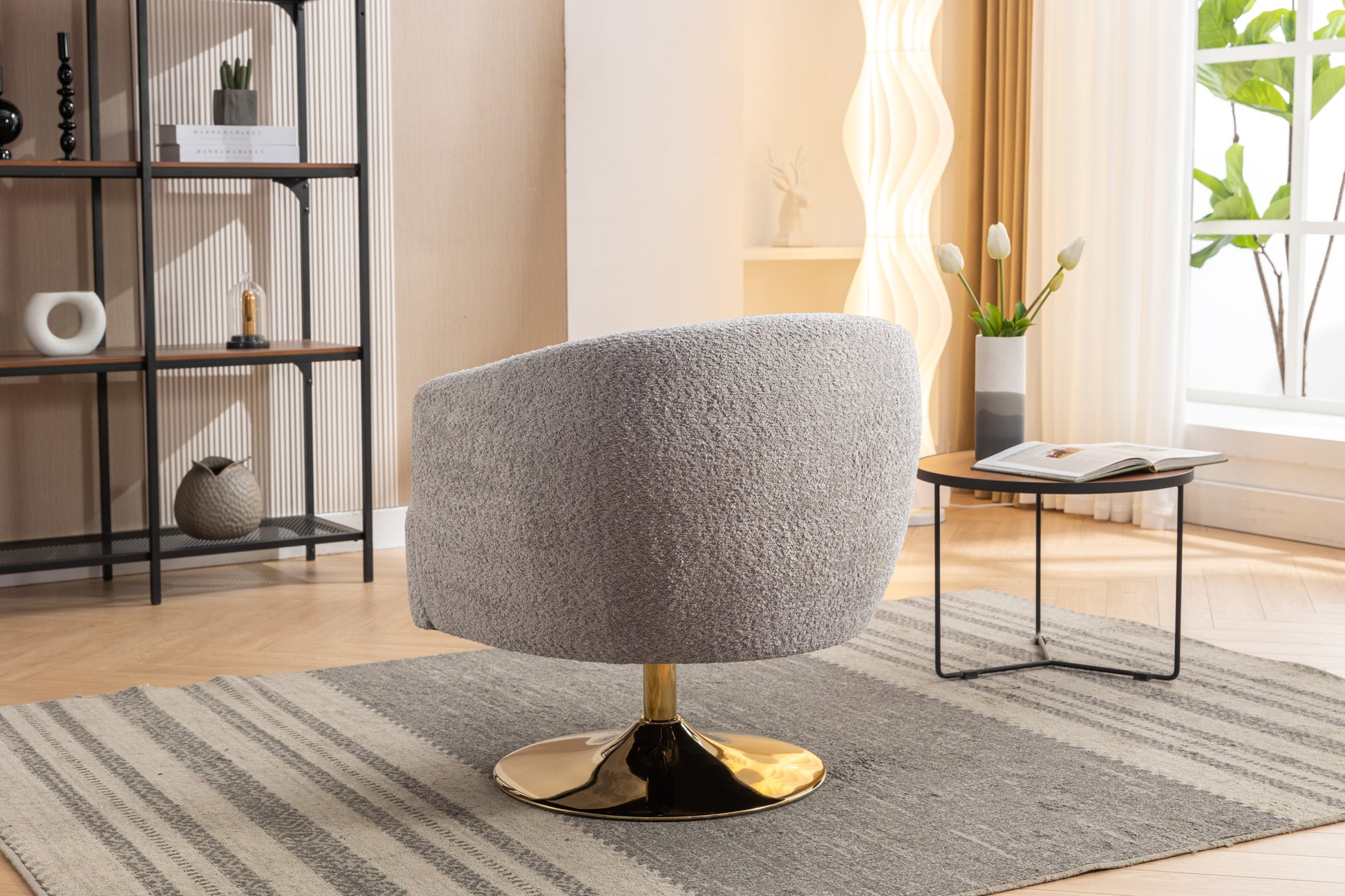 048-Chenille Fabric Accent Swivel Chair With Gold Metal Round Base,Light Gray