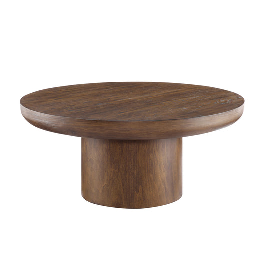 35.98inch Round Coffee Table with Cylindrical Leg,Wood Veneer Tabletop Table,Rounded Sofa Side Table for living Room Office,Brown