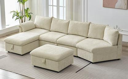 146.9" L-shaped Sofa Sectional Sofa Couch Pull-out Sofa Bed with a Movable Storage Ottoman, a Storage Chaise Lounge and Two USB Ports for Living Room, Beige