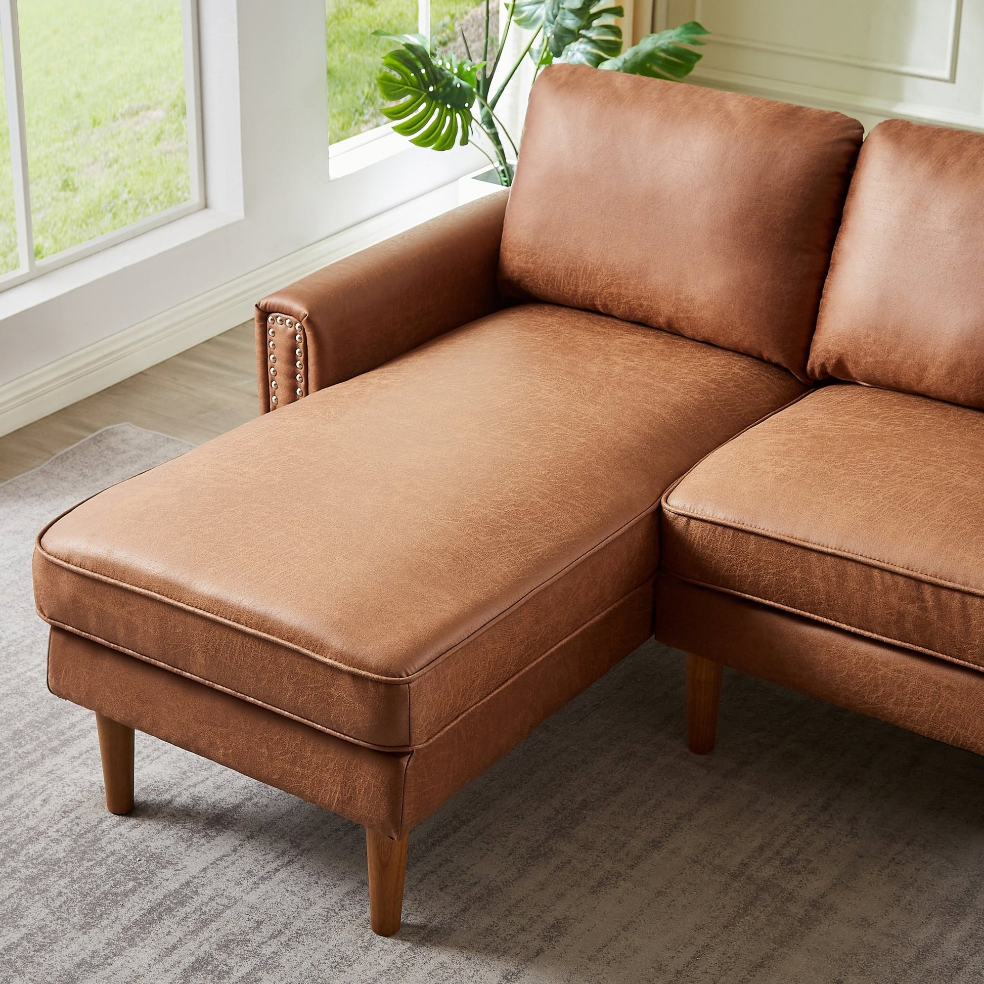 82.2"L-Shape Sofa Couch with Chais Mid-Century Copper Nail on Arms,strong wooden leg and suede fabric design that will complement any living space.Left Chaise, Brown - Groovy Boardz