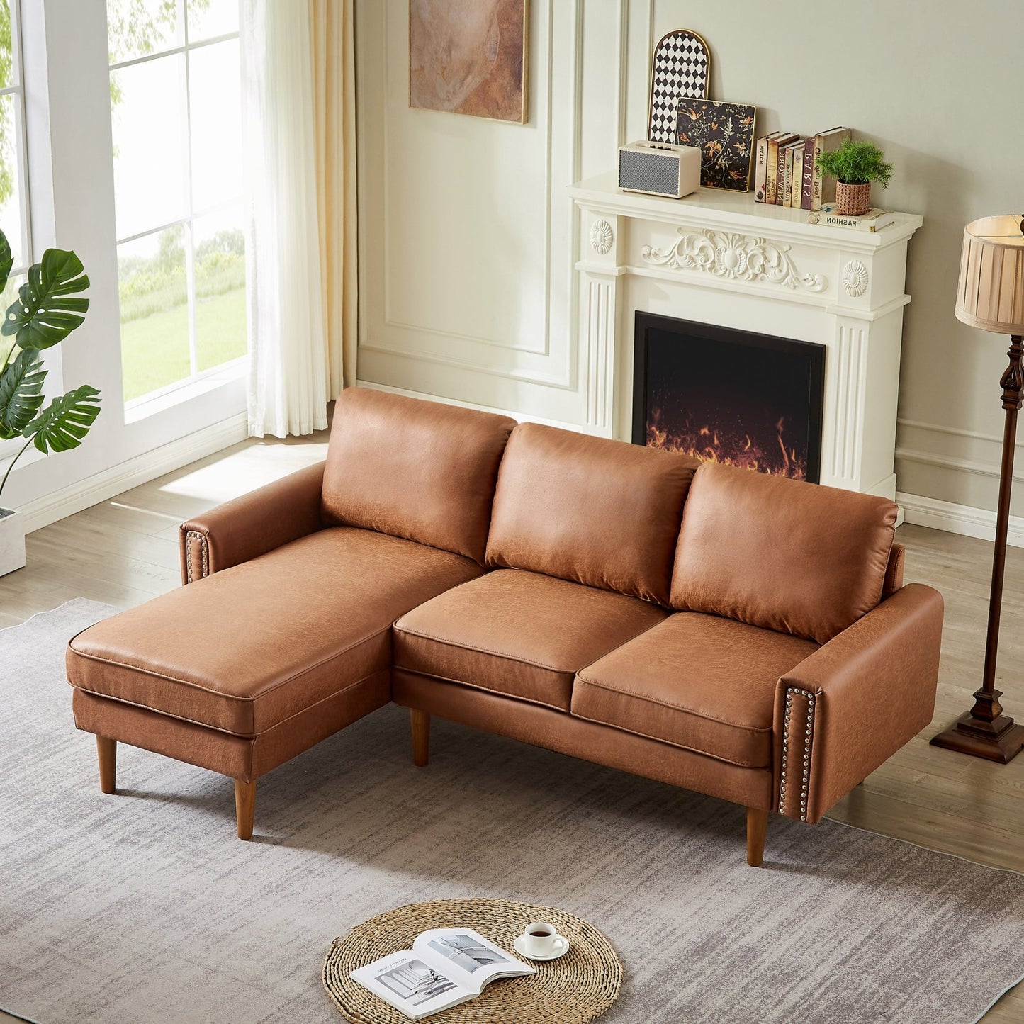 82.2"L-Shape Sofa Couch with Chais Mid-Century Copper Nail on Arms,strong wooden leg and suede fabric design that will complement any living space.Left Chaise, Brown - Groovy Boardz