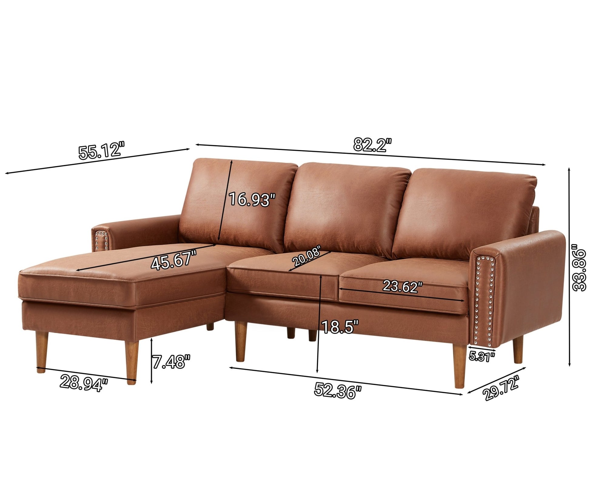 82.2"L-Shape Sofa Couch with Chais Mid-Century Copper Nail on Arms,strong wooden leg and suede fabric design that will complement any living space.Left Chaise, Brown - Groovy Boardz